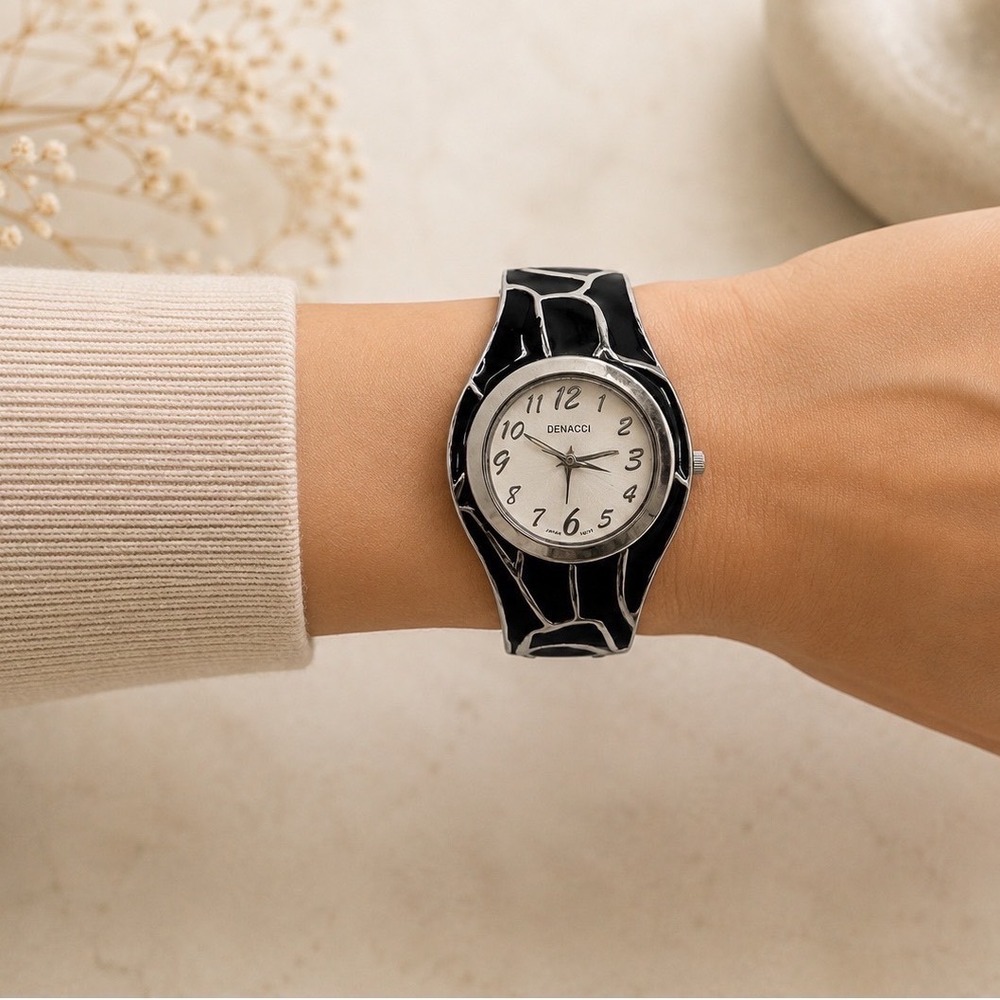 Vintage Denacci Cuff Watch Womens Silver Black Enamel Hinged Bracelet Y2K Works
